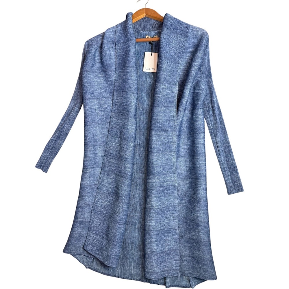 Alquema Longline Cardigan Womens OS Blue Denim Pleated Laser Cut AJ09 NEW